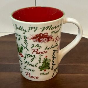 Starbucks Holiday 2007 Christmas Mug Red Joy, Peace, Noel Script 12 oz Ceramic